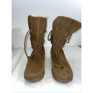 Xappeal Sundance Brown Suede Faux Fur Trim Lace Up Mid Calf Winter Boots Size 7